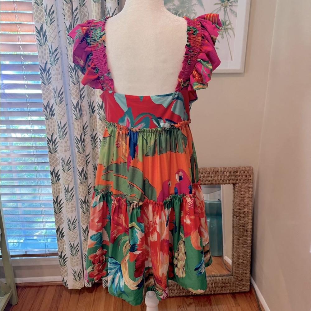 FARMRIO Foliage Mix Mini Dress Tropical Floral Ruffle Sleeve Tucan Cotton Size L - Picture 8 of 9
